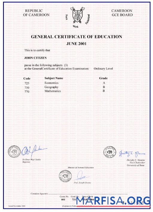 Blank Cameroon general certificate of education download for verification
